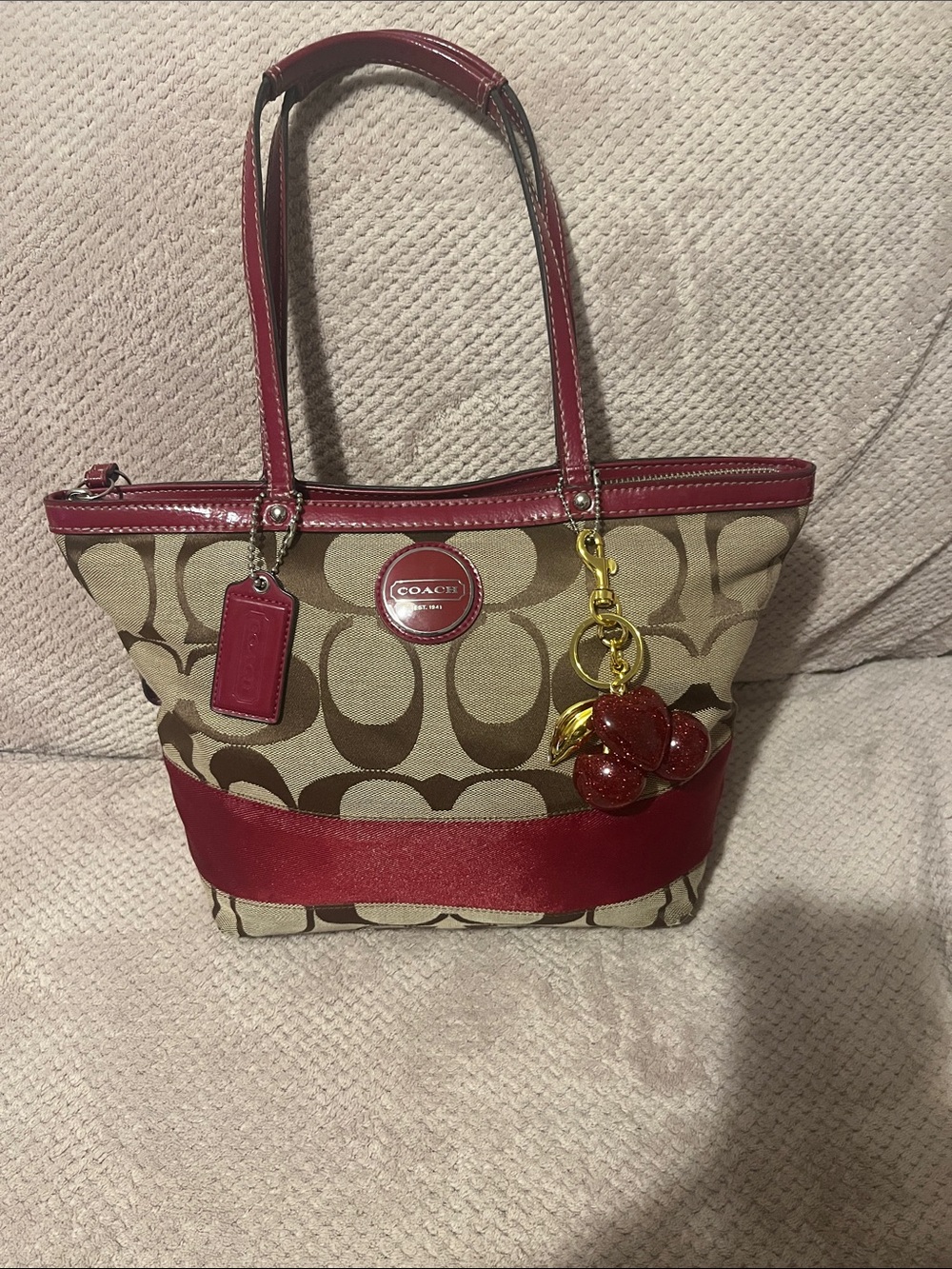 Coach Beige Signature Canvas Tote with Red Trim